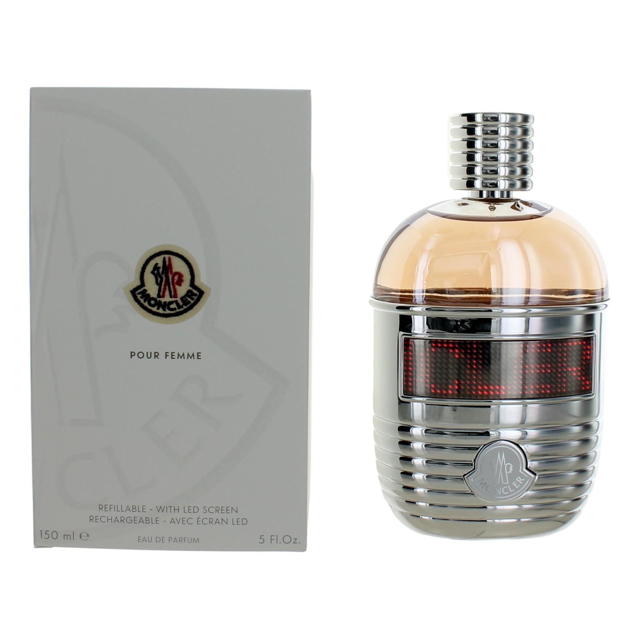 Bottle of Moncler Pour Femme by Moncler, 5 oz Refillable Eau De Parfum Spray for Women with LED Screen